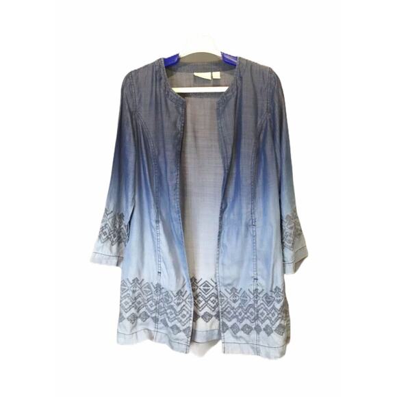 Chicos 0 US 4 Dip Dye Chambray Tunic Jacket Blue Ombre Embroidered Open Front - Picture 3 of 12